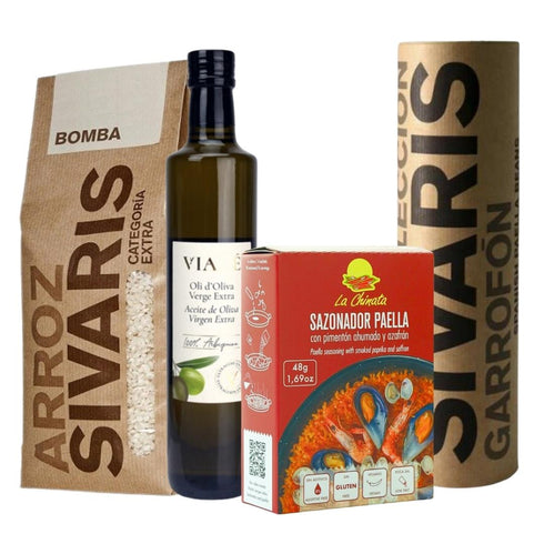 Paella Set mit Bomba Reis, Garrofons, Olivenöl und Gewürze